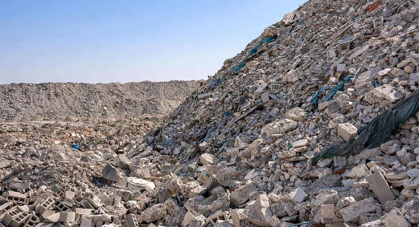 A steep slope of mixed construction and demolition waste at a dump site