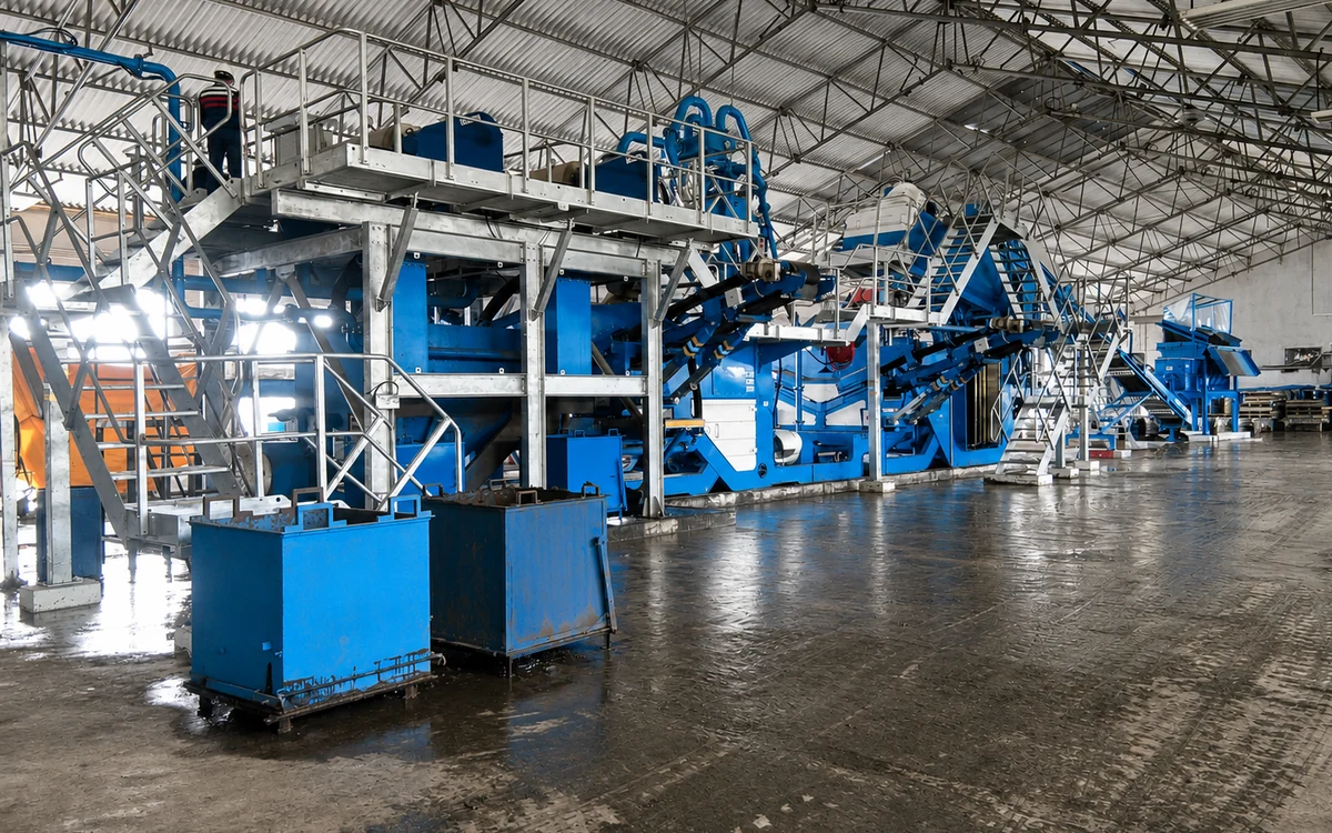 The Kodaikanal soil remediation plant in its shed, the scrubber and feed conveyor in the foreground and the classification and dewatering modules ranged behind