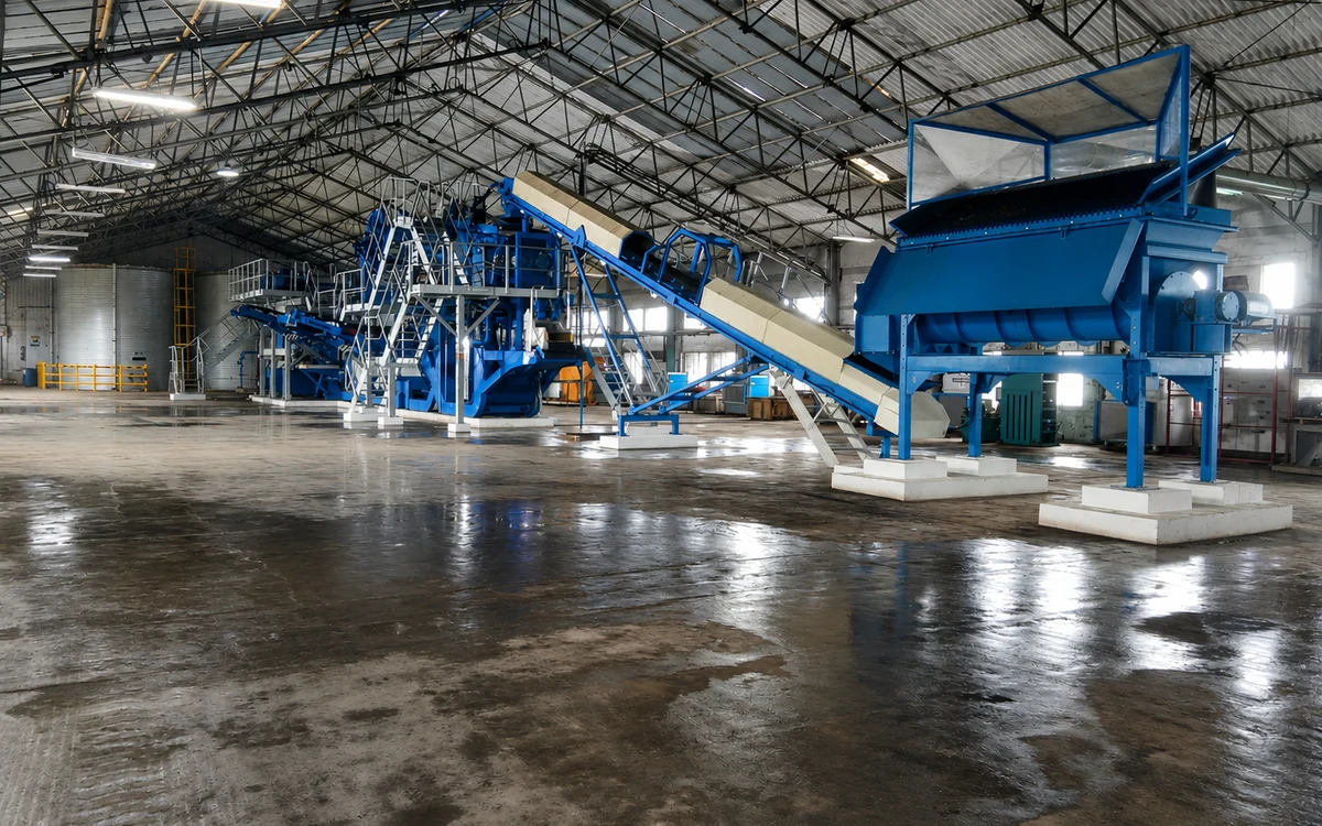 The soil remediation plant at Kodaikanal inside its shed, a blue washing and classification line on galvanised access steelwork with an operator on the upper walkway and sludge skips on the wet concrete floor