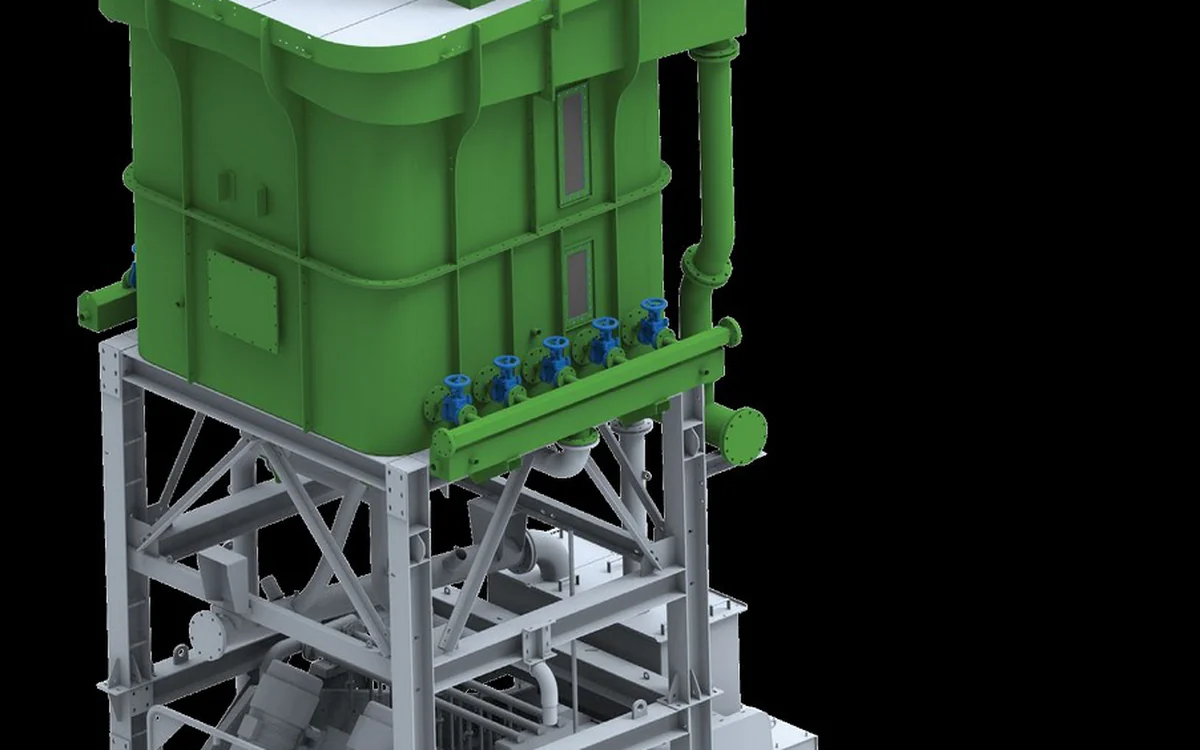 Arrangement drawing of a Vertimax tower, the green classification tank on its steel support frame with the teeter water manifold across the base and the feed cyclone on the deck above