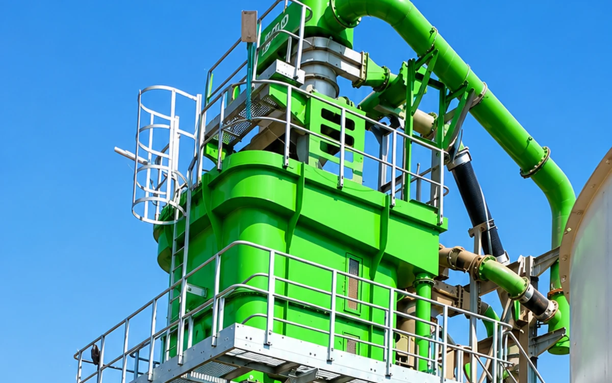 Vertimax upward flow classifier on site against a clear blue sky, the green classification tank with its sight glass and access walkway, the feed cyclone and teeter water pipework above it